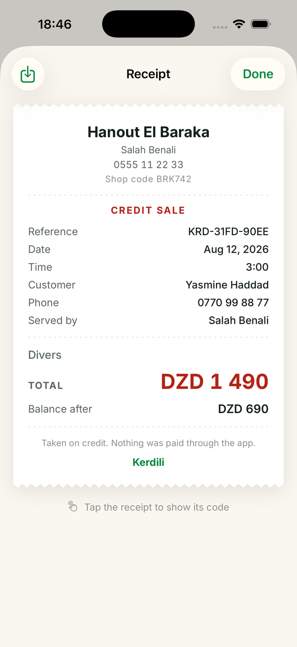 A Kerdili receipt with reference number — the same receipt appears on both phones
