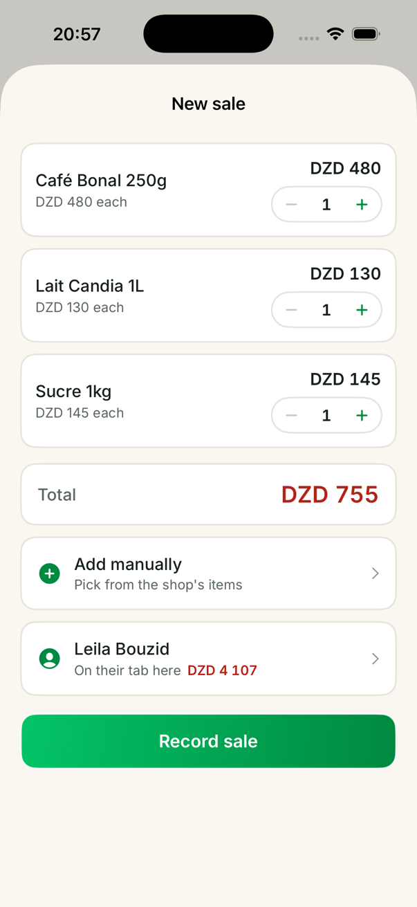 The shop's basket: three items, DZD 755