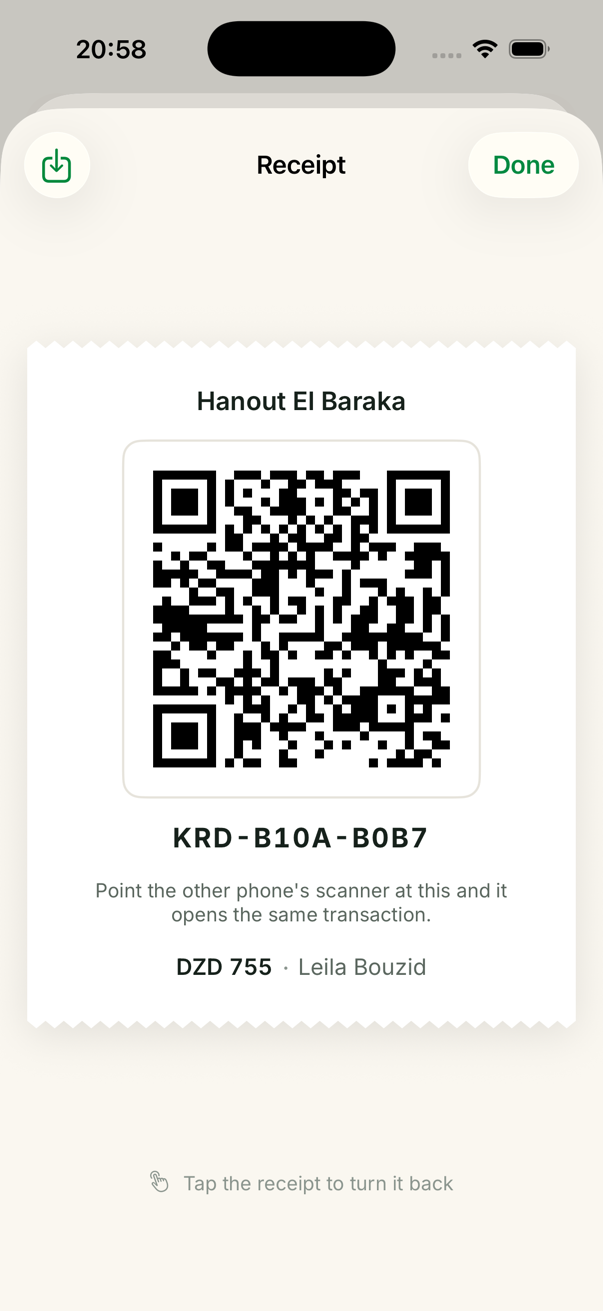 The receipt turned over to its QR code
